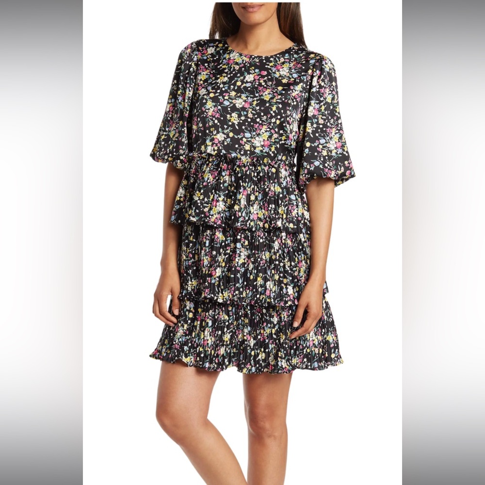 MELLODAY Black Floral Pleated Tiered Ruffle Dress